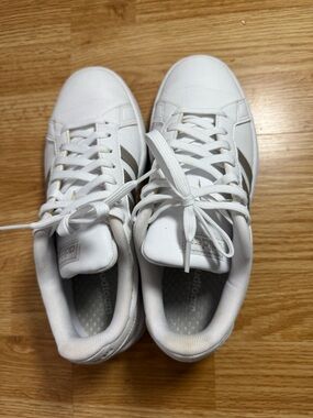 adidas White Sneakers with Metallic Silver Accents